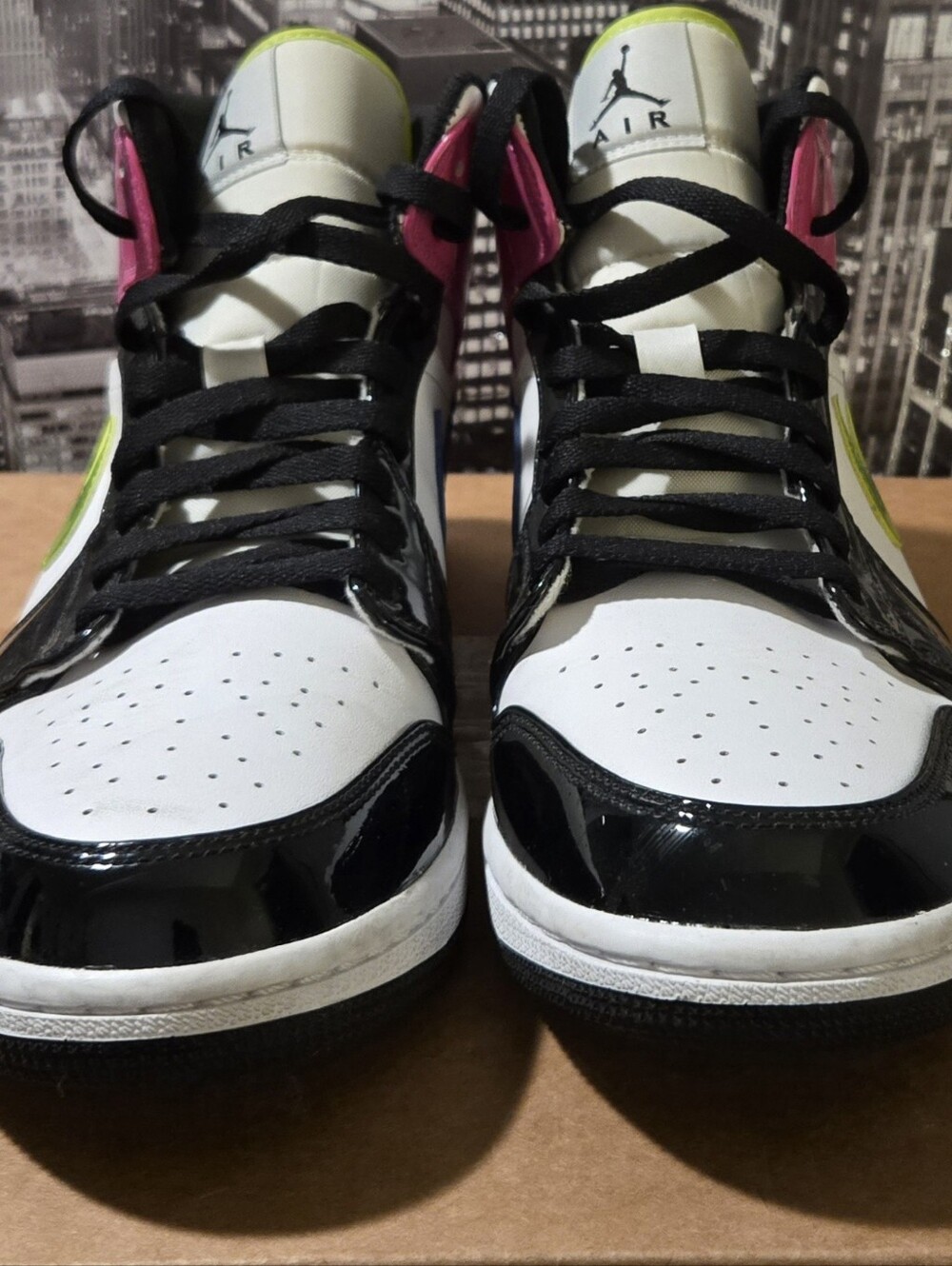 Jordan 1 Mens High-Top Sneakers in White, Black, Pink & Neon Yellow